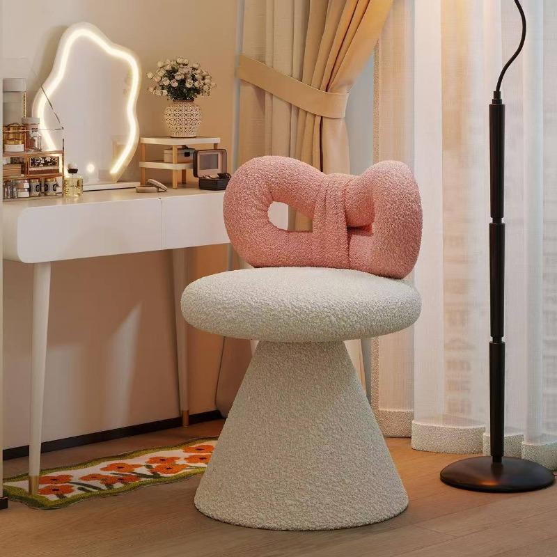 Cream Vanity Stool with Bow Back, Rotating Faux Sheepskin Makeup Chair,Nail Salon Stool for Dressing Table,Aesthetic Home Decor