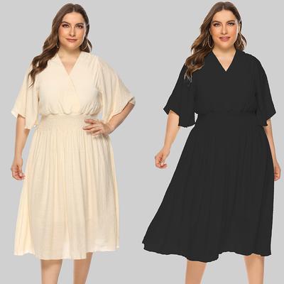 Plus Size Women Elegant Solid Color Short Sleeve Dress Knee-length Dress