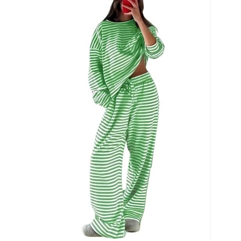 Women's 2Pcs Striped Casual Tracksuit Loose Long Sleeve Top + Wide Leg Pants Set