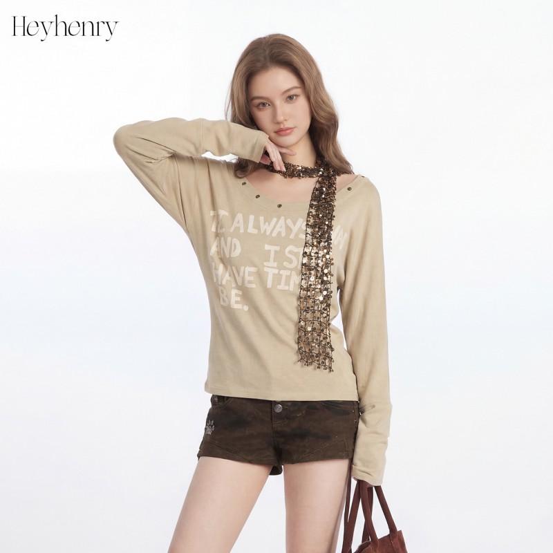 HeyHenry Womens Slim Fit Long Sleeve T-Shirt U-Neck Letter Print Top Retro Y2K Streetwear