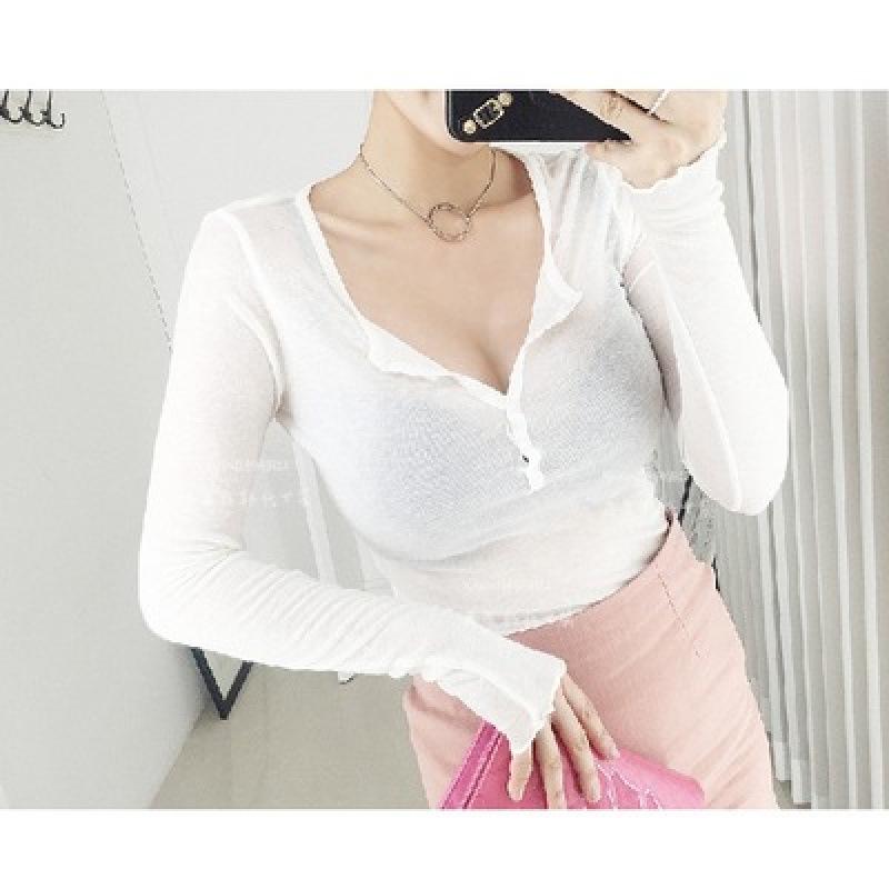Spring Korean Style V-Neck Sheer Slim Long Sleeve Women s Shirt One Size грязно-белый