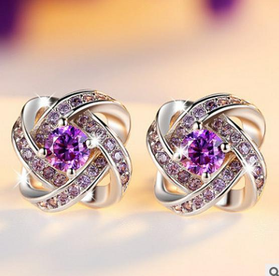 Amethyst Four-Leaf Clover Silver Stud Earrings - 999 Silver Korean Style