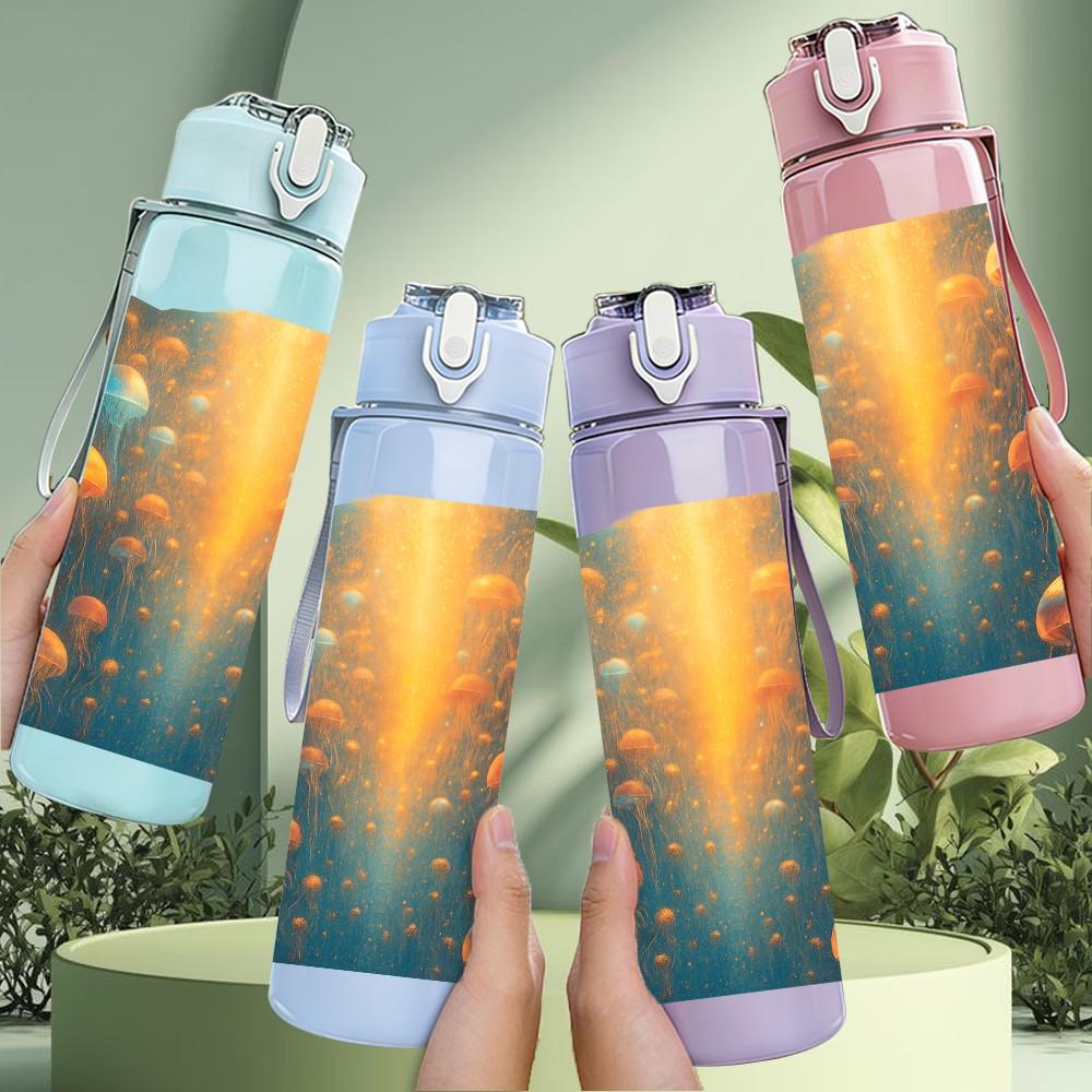 1PC Sunset Forest Light Beam Scene Print 750ml Color Plastic Sports Water Bottle Leakproof Flip Straw Lid Suitable for Sports Office Home Use