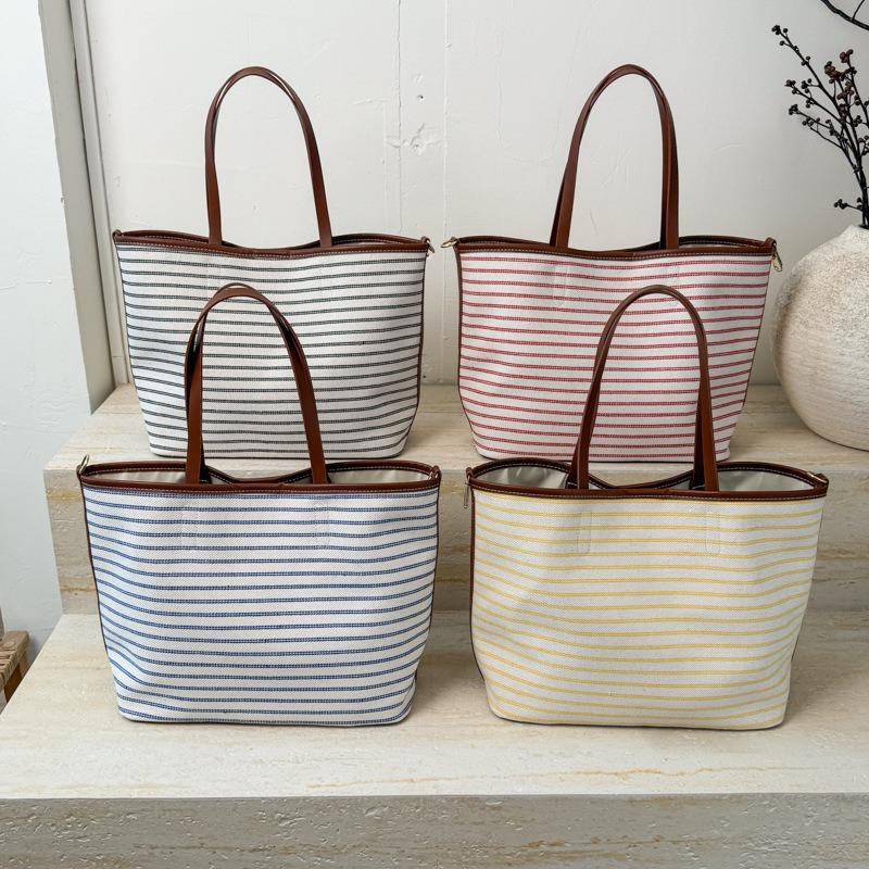New niche large-capacity striped tote bag, premium lazy fashion commuter versatile canvas bag