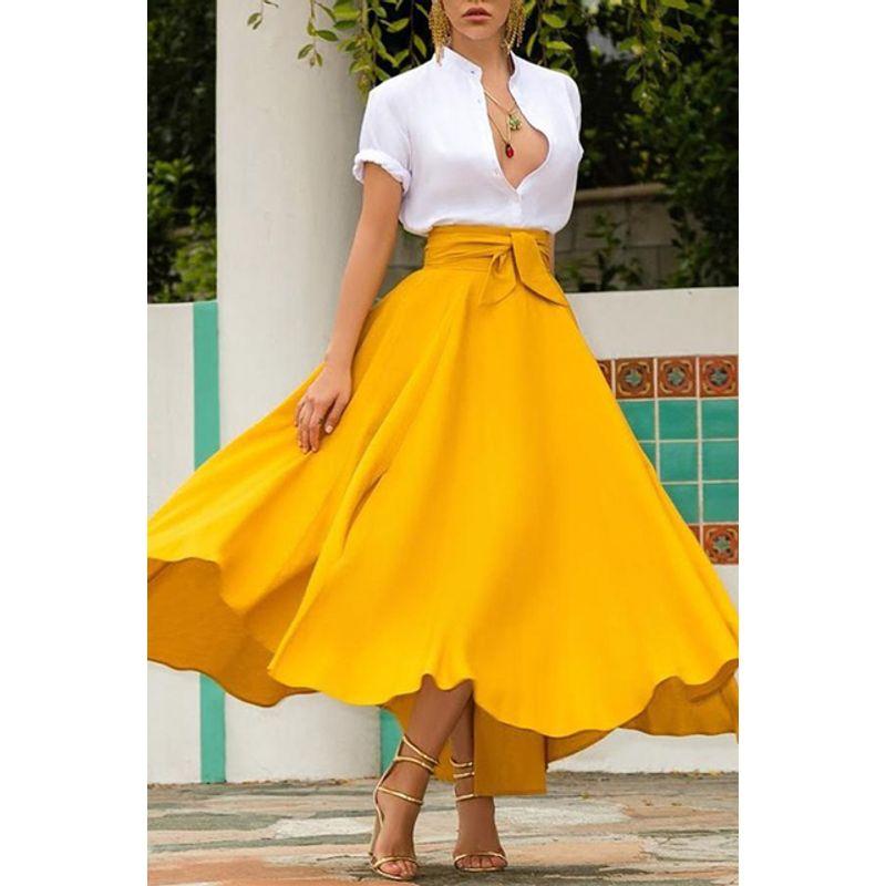 

Solid Color Big Swing Belt Skirt S-XXL Solid Color Wide Hem Belt Skirt Yellow S
