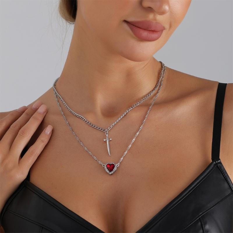 Edgy Dark Feminine Expression Adjustable Length Alloy Necklace Neckchain Featuring Edged Heart Detail for Concerts