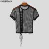 INCERUN Men O Neck Short Sleeve Side Bandage Mesh Sheer Fitted Cropped T-shirts