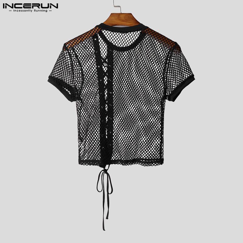 INCERUN Men O Neck Short Sleeve Side Bandage Mesh Sheer Fitted Cropped T-shirts