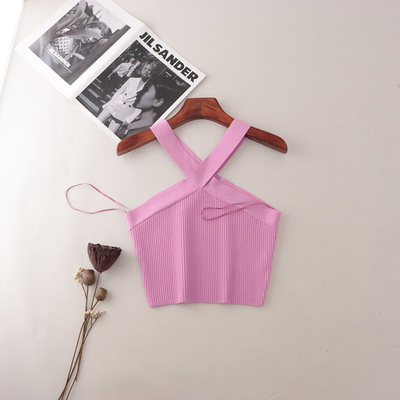 American Fashion Brand Cross Hanging Neck Cami Summer Rib Solid Sexy Short Knitted Top Women
