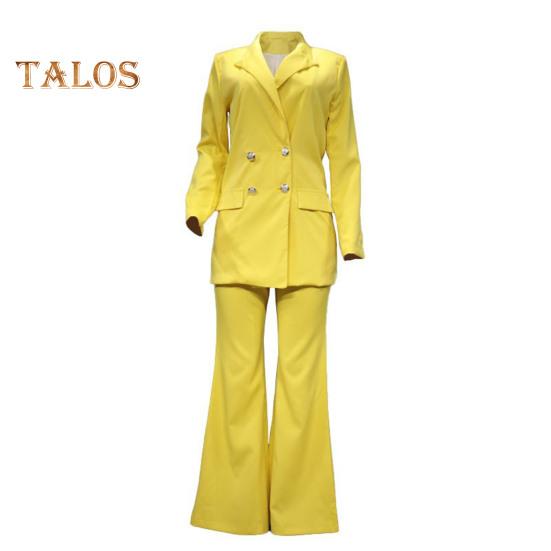 2 ks/sada Dámské Kabát Kalhoty Set Klopa Dvouřadý Kardigan Střední Délka Sako s dlouhým rukávem Široká noha Vysoký pas Rovné kalhoty Dáma Formální Dojíždění