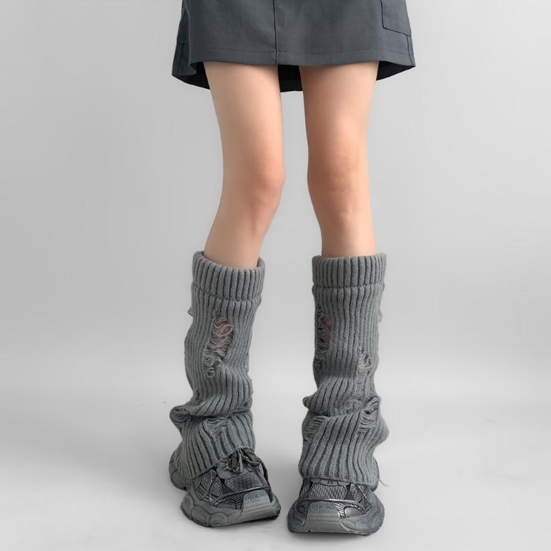 Womens Girls Lolitas Holes Leg Warmers Winter Knitted Leg Sleeves Goth Crochet Ankle Heap Socks JK Uniform Foot Cover