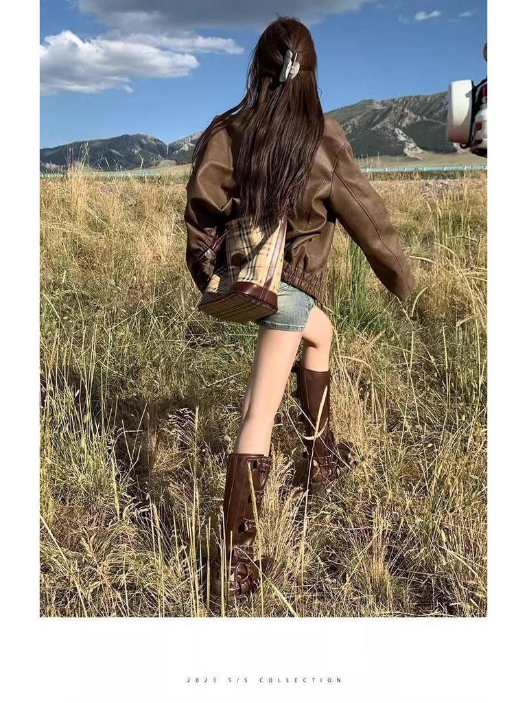 Women's Brown Retro Leather Motorcycle Jacket - New Spring & Autumn Style