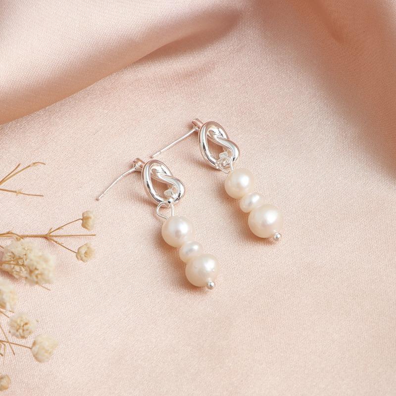 14K Gold Plated Triple Strand Freshwater Pearl Long Dangle Earrings Irregular Knotted Drop Jewelry for Women