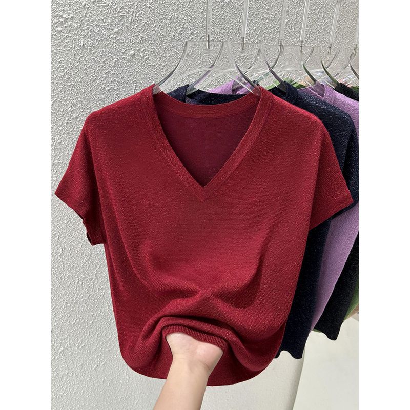 

Summer French Style V-neck Short Sleeve T-shirt Top Women s New Arrival Thin Flashing Bright Silk Design Loose Flying Sleeve Knitwear Burgundy S([Recommended 40.00 kg-50.00 kg]])