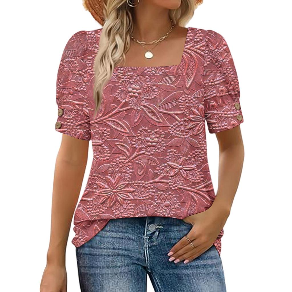 Women's Fashionable Casual Summer Retro Print Square Neck Button Short-sleeved Top