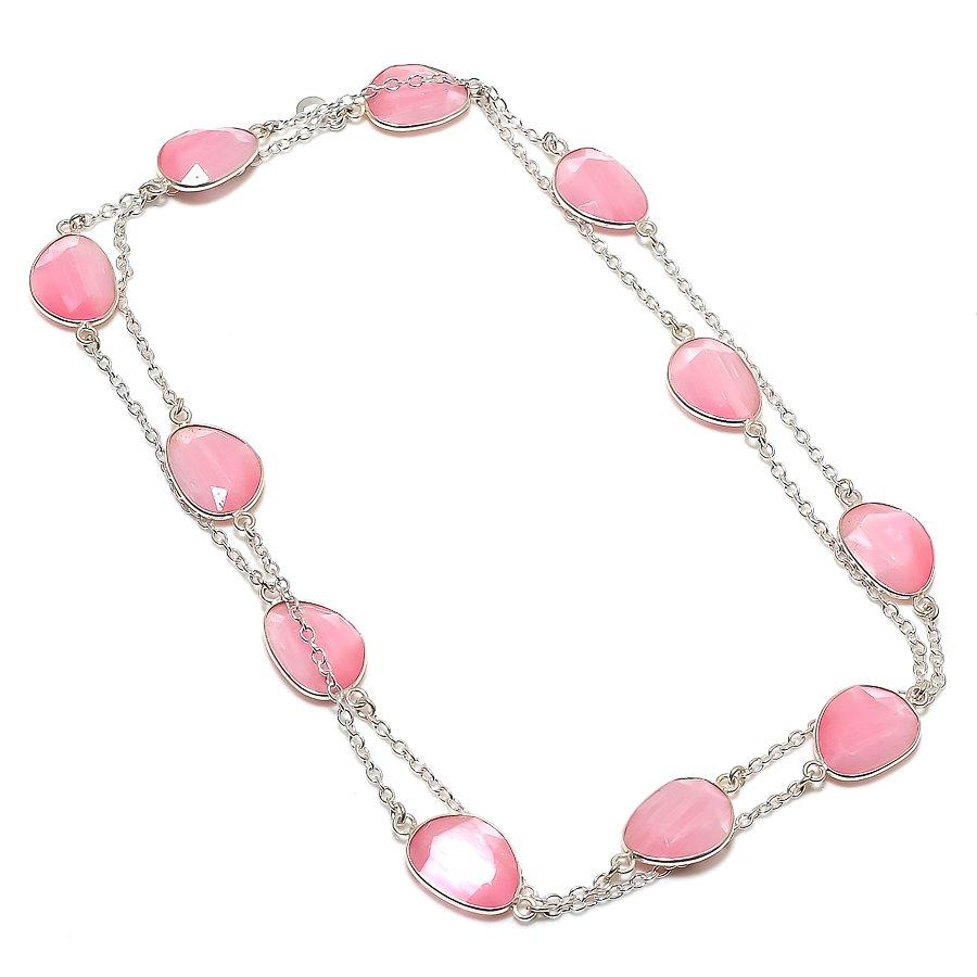 

Natural Pink Chalcedony Gemstone 925 Sterling Silver Jewelry Necklace 36 p6y08