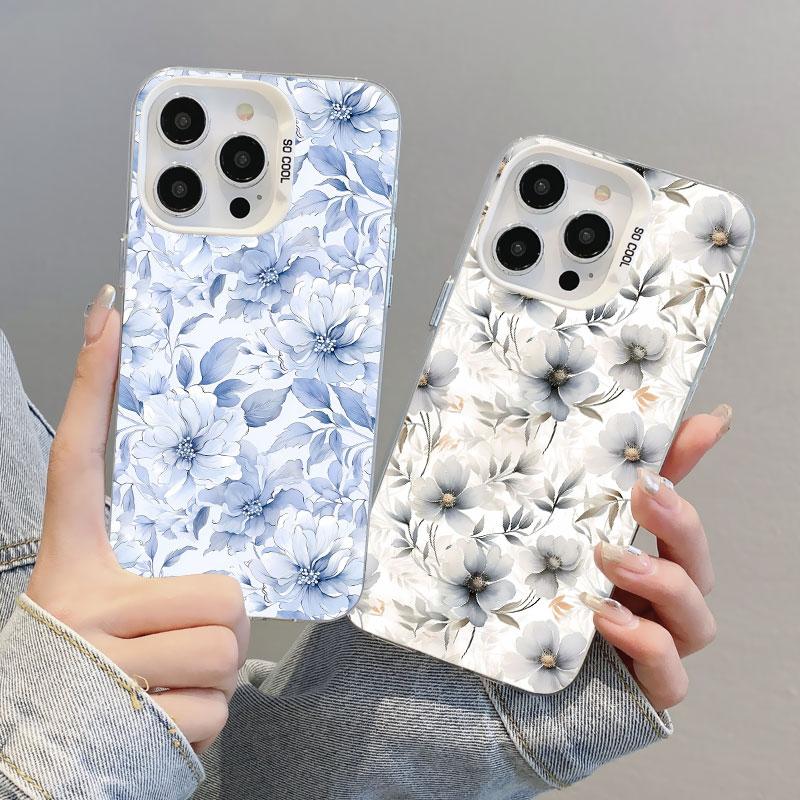 Cute Blue And White Porcelain Floral Phone Case For iPhone 11 12 Pro Max 16 15 14 13 Pro Max Plus 13 Mini Shockproof Laser Cover