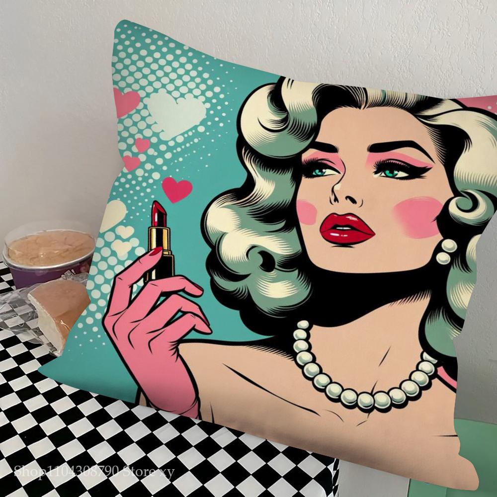 1pc Colorful Pop Art Canvas Comic Woman Pillow Case Square Bedroom Sofa Leisure Comfort Cushion Car Living Room Home Decoration