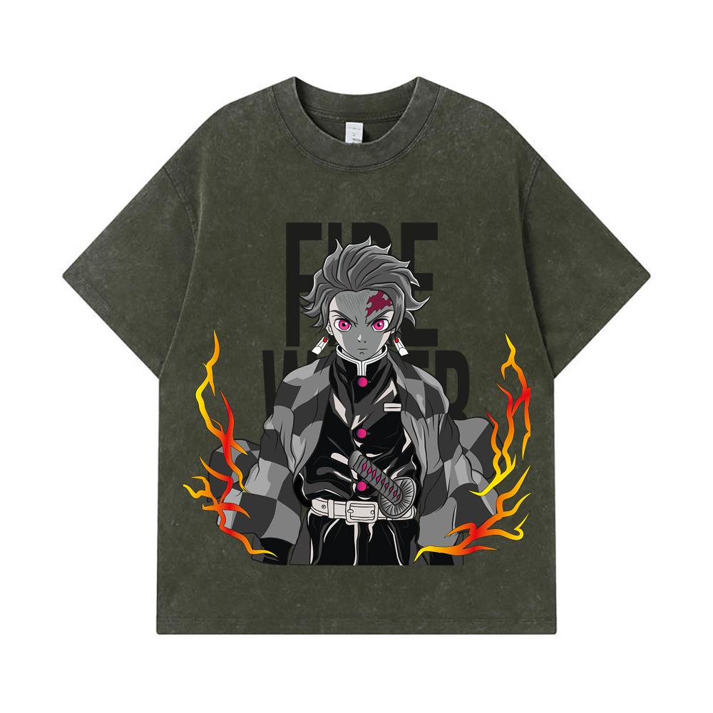 

275 GSM Washed T-shirts 100% Cotton Demon Slayer V116 Tanjiro Print Unisex Heavy Cotton T Shirt S армия зеленый