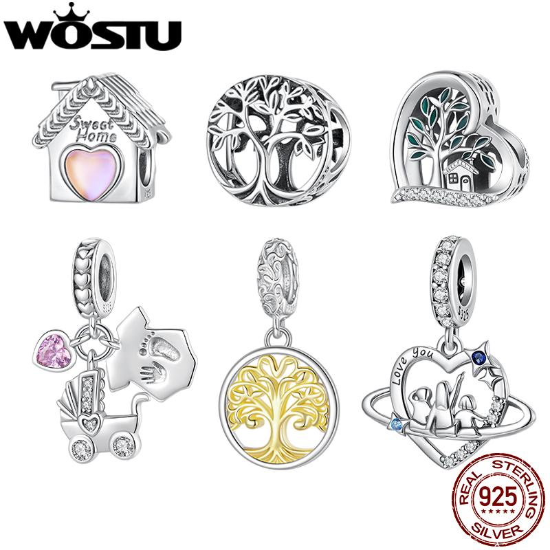 WOSTU 925 Silver Family Jewelry Serie Tree of Life Charm Heart Pink Sweet Home Bead Stroller S925 Pendant Fit DIY Bracelet Neck