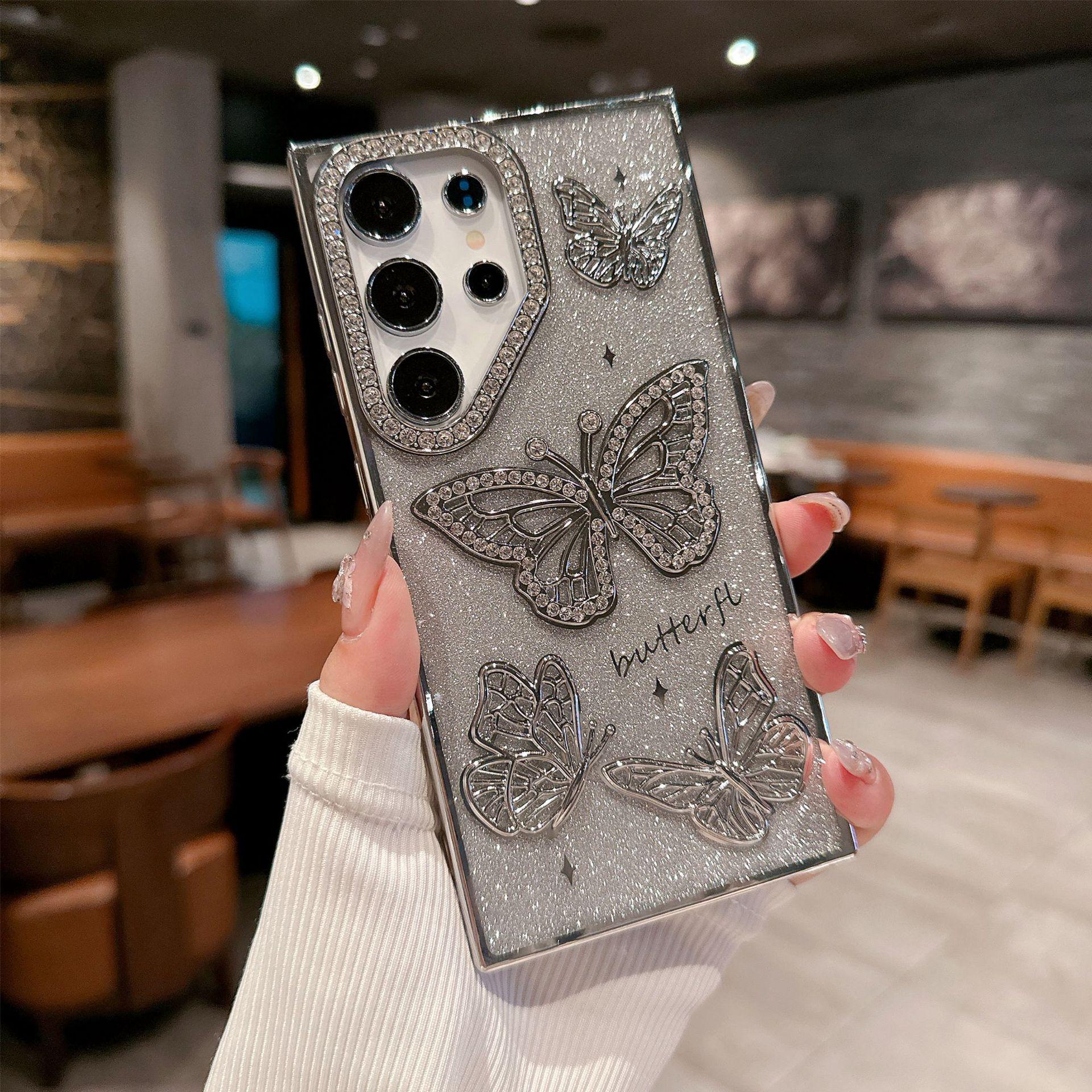 

Samsung S25 Ultra Розкішний чохол для телефону зі стразами S24 - Висококласний дизайн з метеликами S23 Plus срібний