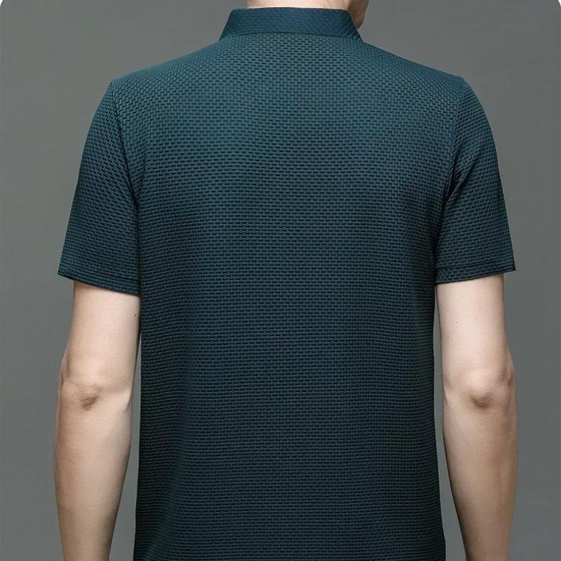 Camiseta Polo Masculina de Verão Lop-up Vazada de Manga Curta Seda Gelada Respirável Moda Business Camiseta Roupas de Marca Masculina