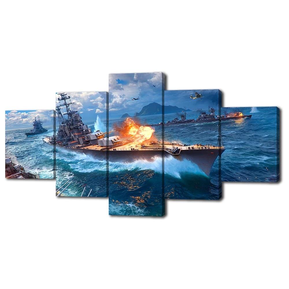 

Prints HD Sea View Pictures Modular 5 Pcs World of Warships Poster Canvas Painting Living Room Home Decoration No Frame Wall Art 20x35 20x45 20x55cm