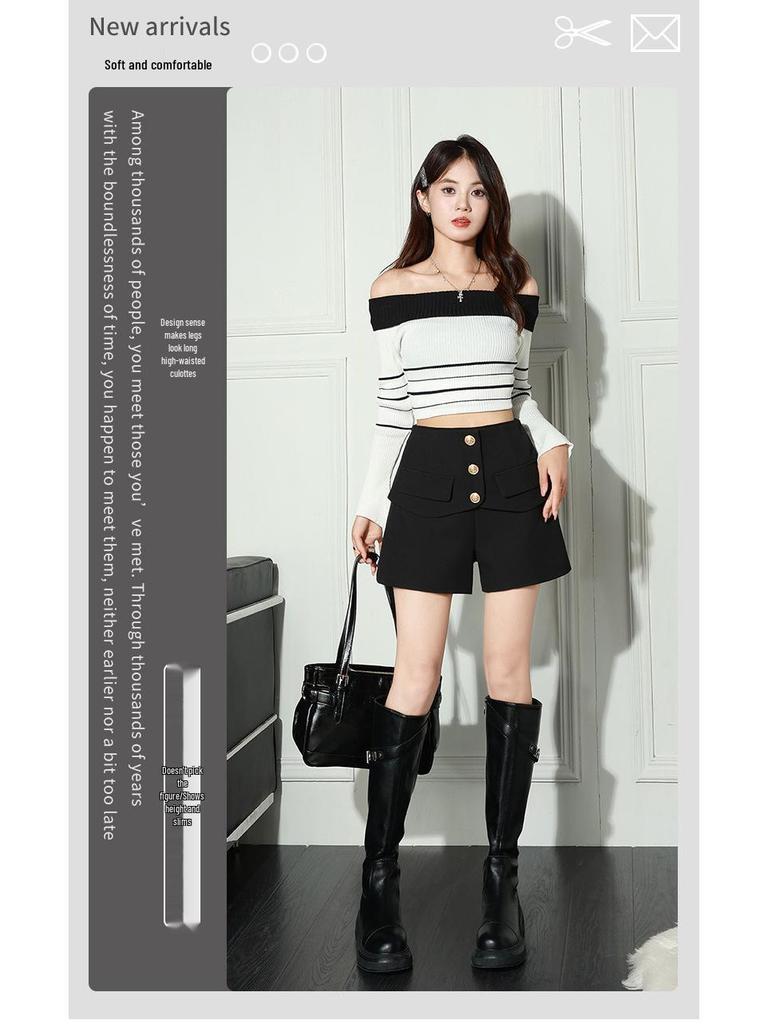 2025 Korean Style: Women's Slimming High Waist A-line Skirt Pants, Bootcut Wide Leg Casual Shorts, for Spring and Autumn