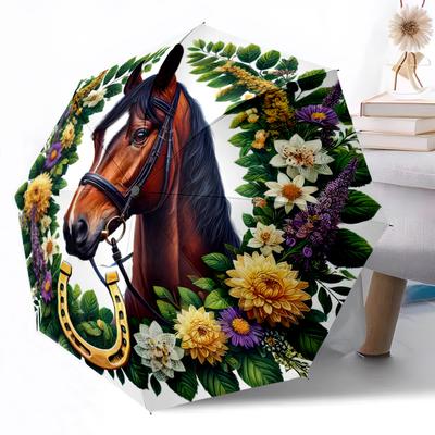 Horse and Floral Wreath Portable Automatic Umbrella Compact 8 Rib Lightweight Foldable Design for Outdoor Daily Use Perfect Gift for Friends Family