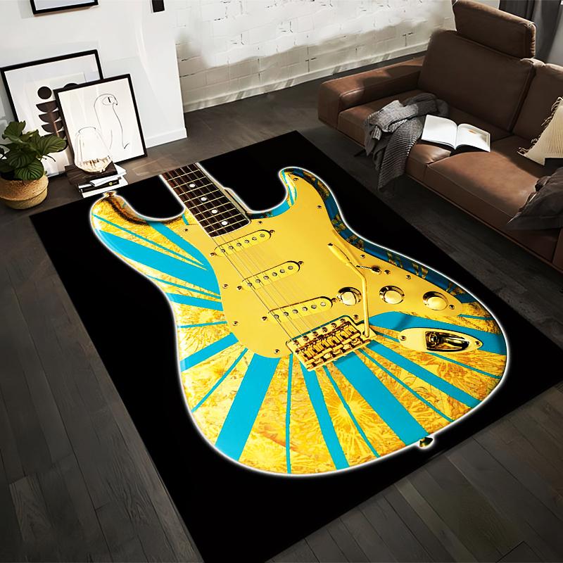 Golden Blue Guitar Design Rug Non-slip rug suitable for living room and bedroom sofas