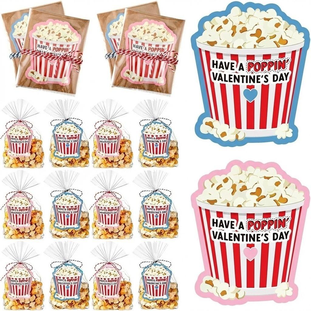 

Valentines Day Popcorn Gift Tags with OPP Bags and Twine for Classroom Party Gift Exchange Suitable for School Events and Celebrations one size