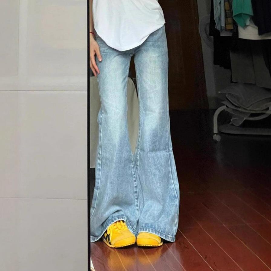 Light Colour Flare Jeans Women Big Size High Waist Design Sense Wide Leg Trousers Elastic Show Skinny Micro Flare Trousers Long Denim Pants