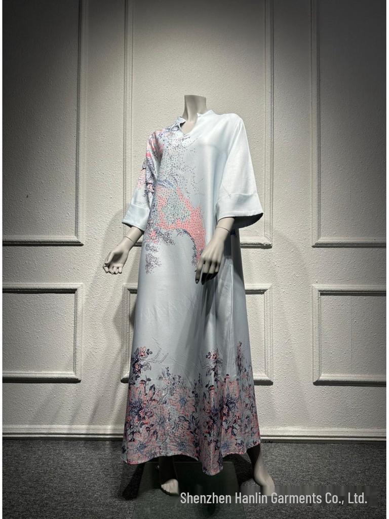 SM003 Muslimisches Jalabiya-Print-Langarmkleid mit Heißbohren - Damenbekleidung im Dubai-Stil