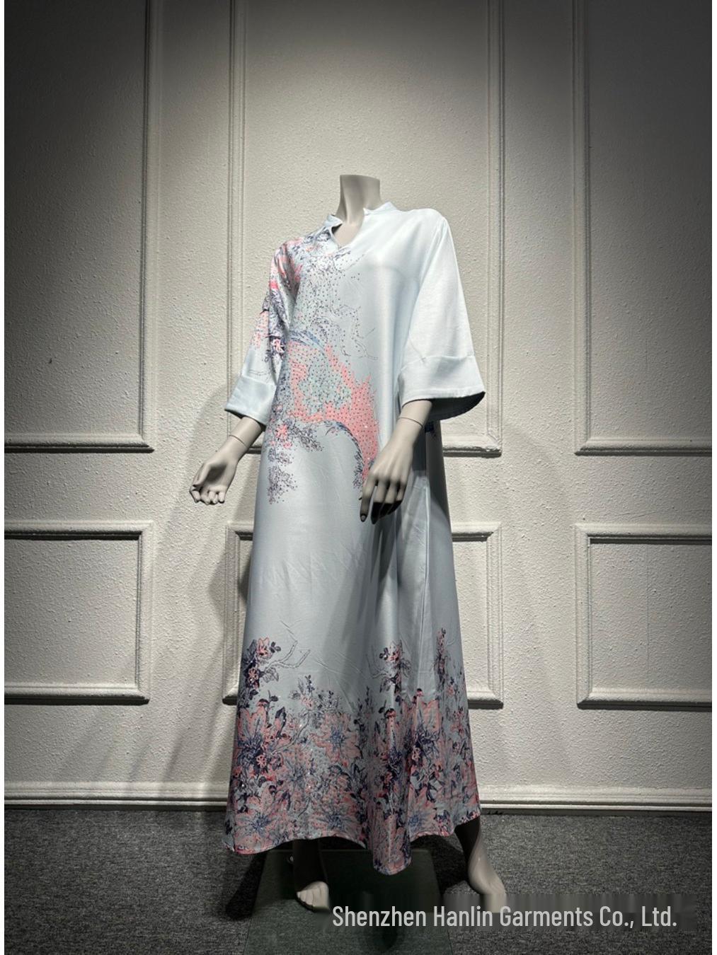 SM003 Мусульманская Джалабия с Принтом, Длинное Платье с Горячими Стразами - Женская Одежда в Дубайском Стиле Medium синий