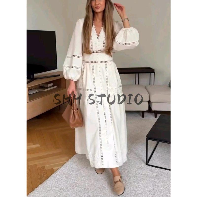 Summer New Product Women's Clothes Minimalist Style Cut Out Lace Decoration V Neck Long Sleeves Loose High Waist a Word Length Dress