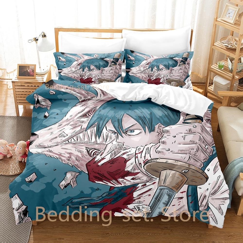 Fox Dveil Kon Chainsaw Man Bedding Set Single Twin Full Queen King Size Bed Set Adult Kid Bedroom Duvetcover Sets Anime Bed