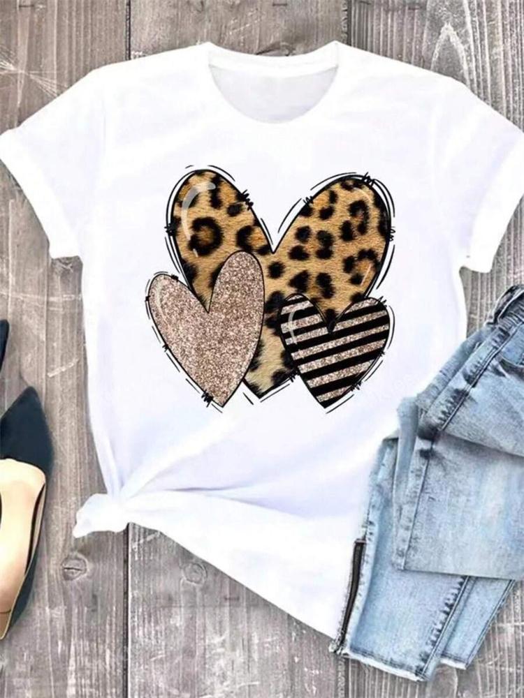Urban Fashion Women's Leopard-print Short-sleeved Top Summer Daily Casual Women's Crew-neck T-shirt Outdoor Street Elegant Top