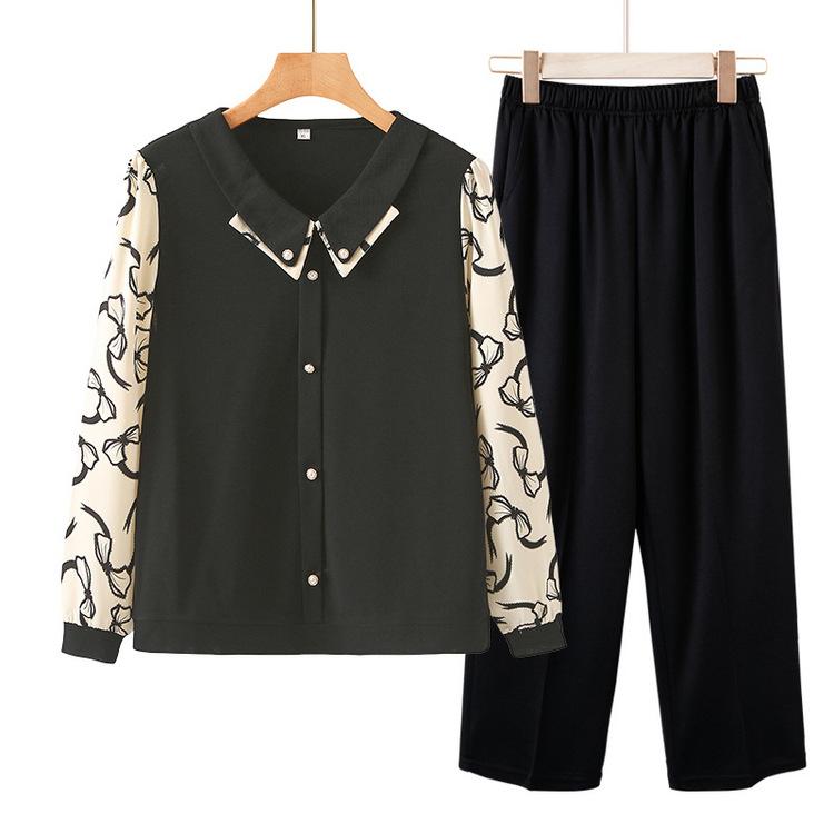 Middle-aged and Elderly Women's Fashionable T-shirt New Top Fake Two-piece Middle-aged Mother's Spring and Autumn Long-sleeved Base Shirt