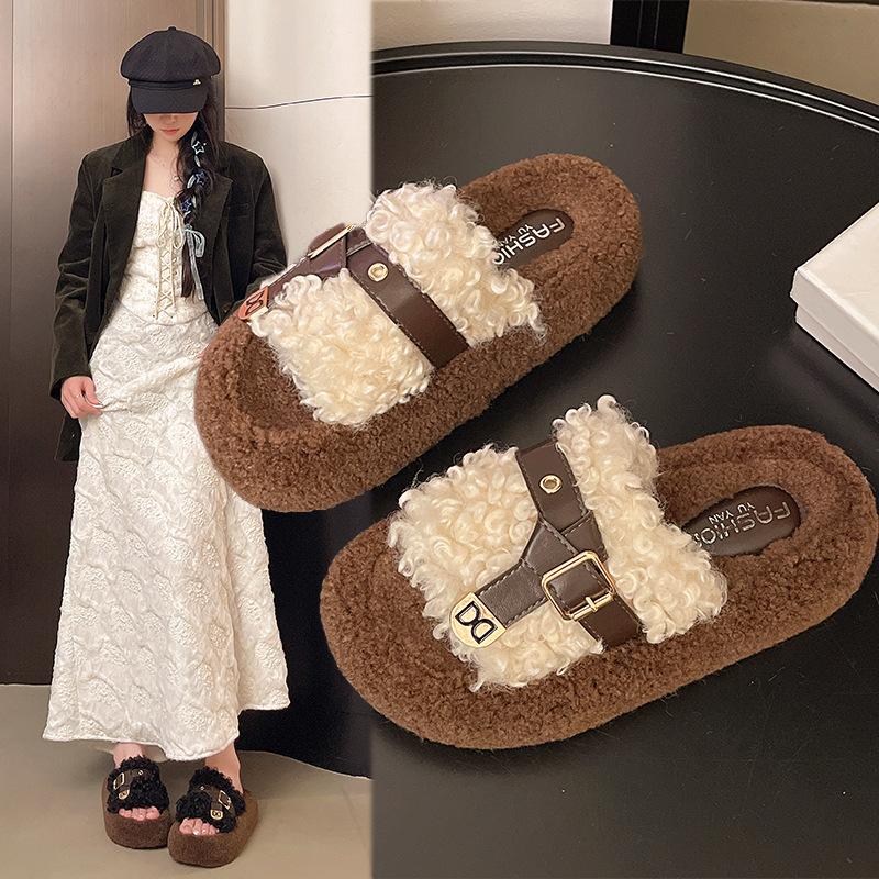 Thick-soled heightening fluffy slippers outer wear 2025 autumn and winter new belt metal buckle women's shoes home plush one-word drag