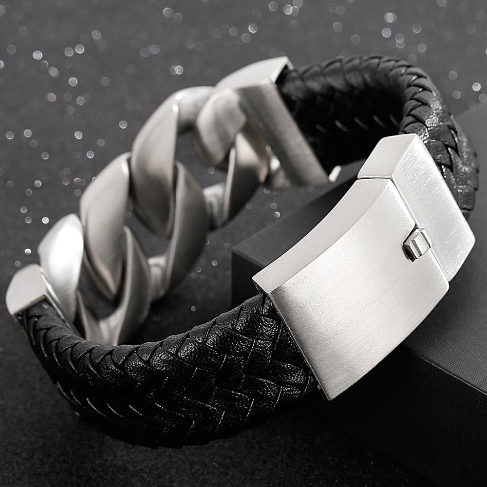 24MM Wide Cuban Chain Bracelet for Men Matte Brushed Stainless Steel With Braided Leather Men's Bracelets Bold Hip Hop Jewelry