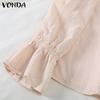 VONDA Women Fashion Solid Color Shirt Collar Striped Ruffle Long Sleeve Shirts