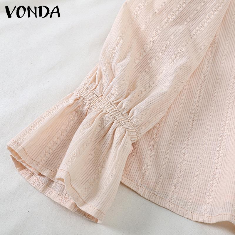 VONDA Women Fashion Solid Color Shirt Collar Striped Ruffle Long Sleeve Shirts