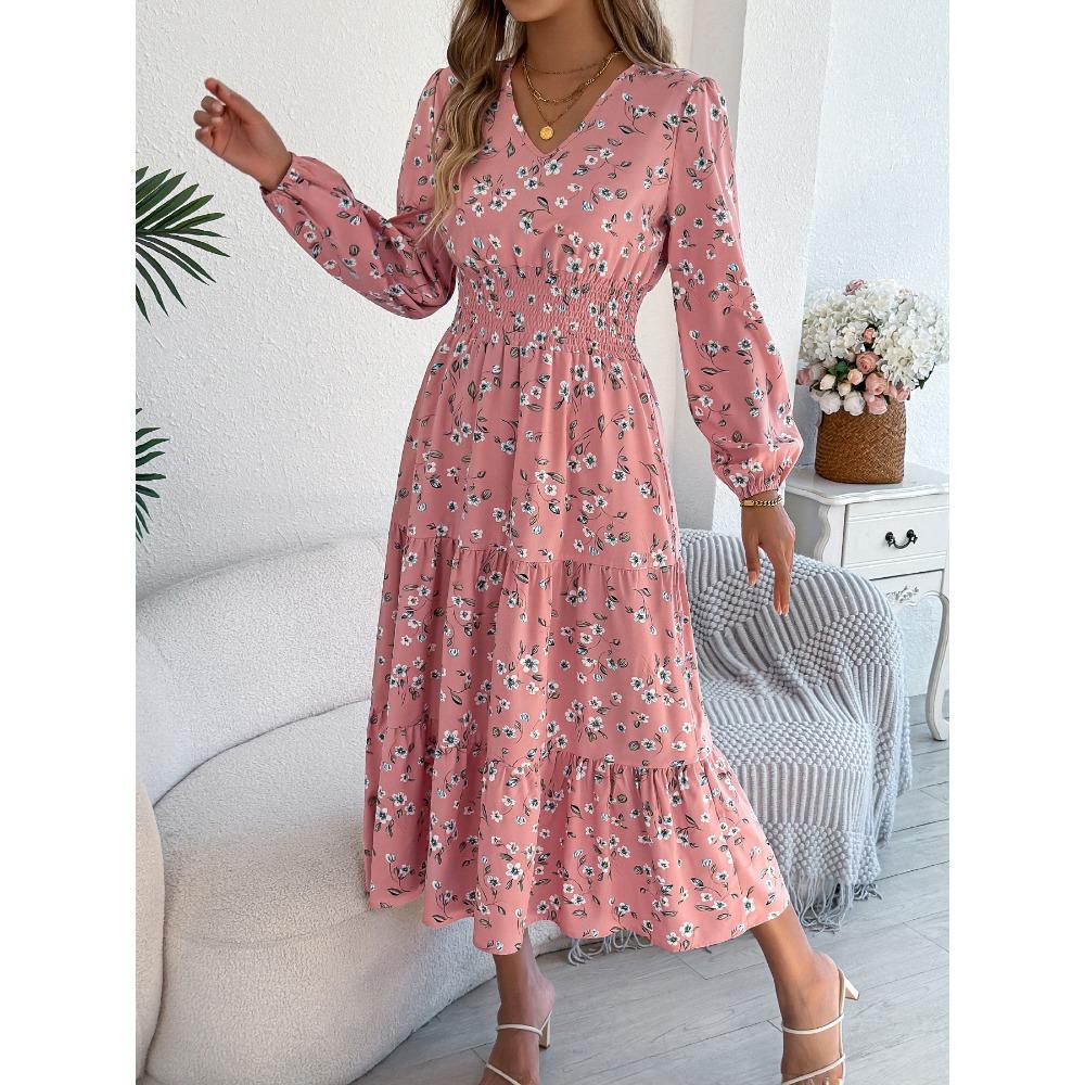 Robes Femme Mode Élégantes Florales Col V Manches Longues Taille Volants A-Ligne
