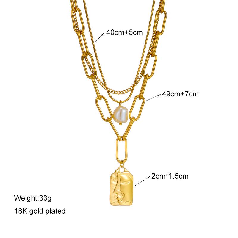 Women's Gold Layered Necklace Set 3-Piece Paperclip Chain Pearl Pendant Titanium Steel Jewelry