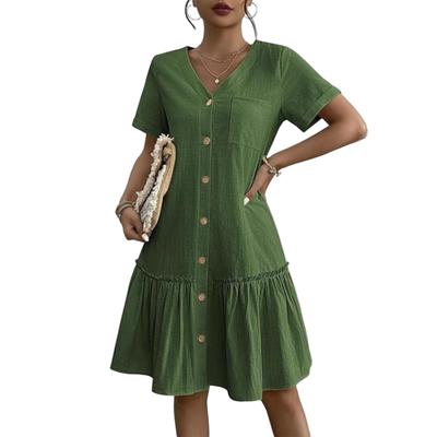 Robe Femme Boutonnée Simple | Robe Décontractée Couleur Unie à Pochettes Amples et Manches Courtes à Col en V