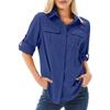 Camicia da donna color cachi a maniche lunghe con tasche sul petto e laccetti sui polsini