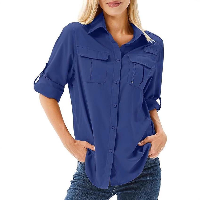 Camicia da donna color cachi a maniche lunghe con tasche sul petto e laccetti sui polsini