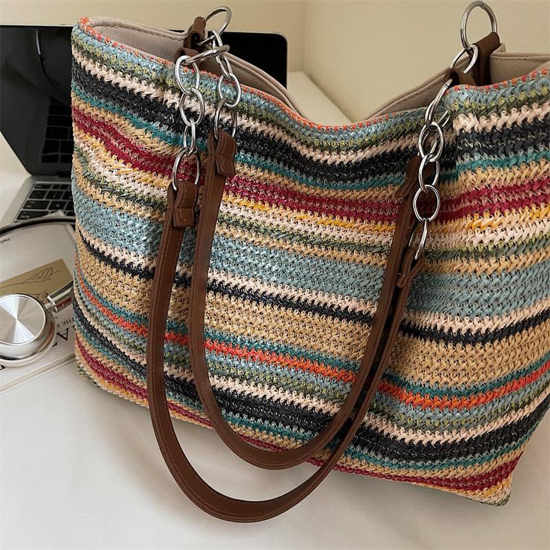 Shoulder Bag Women's Striped Contrast Color Tote Bag Woven Tote Bag Large Capacity Straw Woven Bag