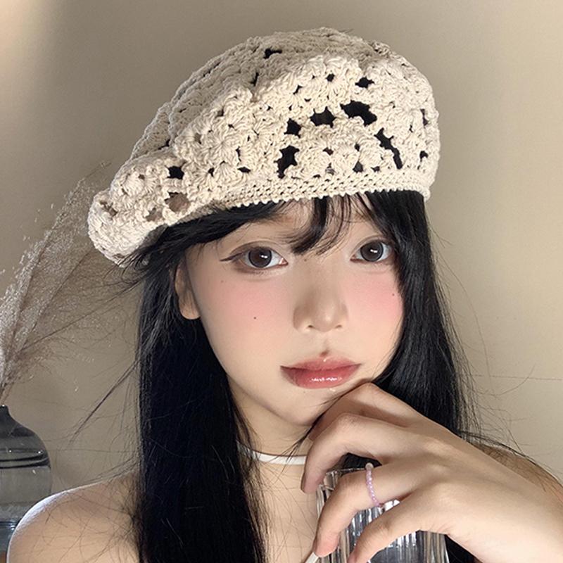Summer Women'S Solid Color Flower Hollow Beret French Vintage Painter Hat