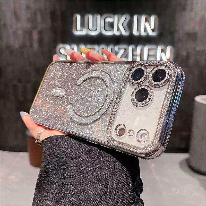 Applicable to iPhone17promax mobile phone case light luxury flash diamond magnetic suction Apple 16 all-inclusive lens film protective case 15